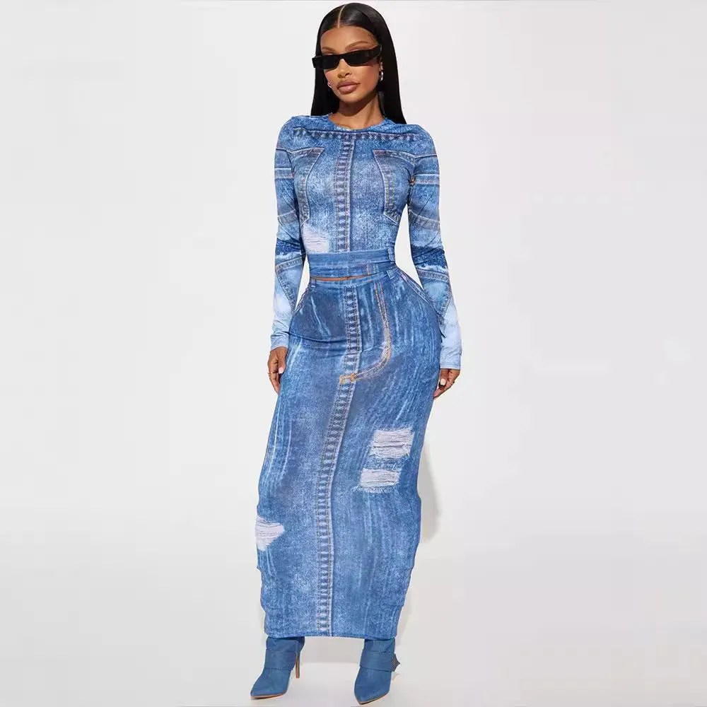 2024 Autumn New Two-Piece Denim Print Round Neck Long Sleeve Top Slim Fit Bodycon Long Skirt Suit