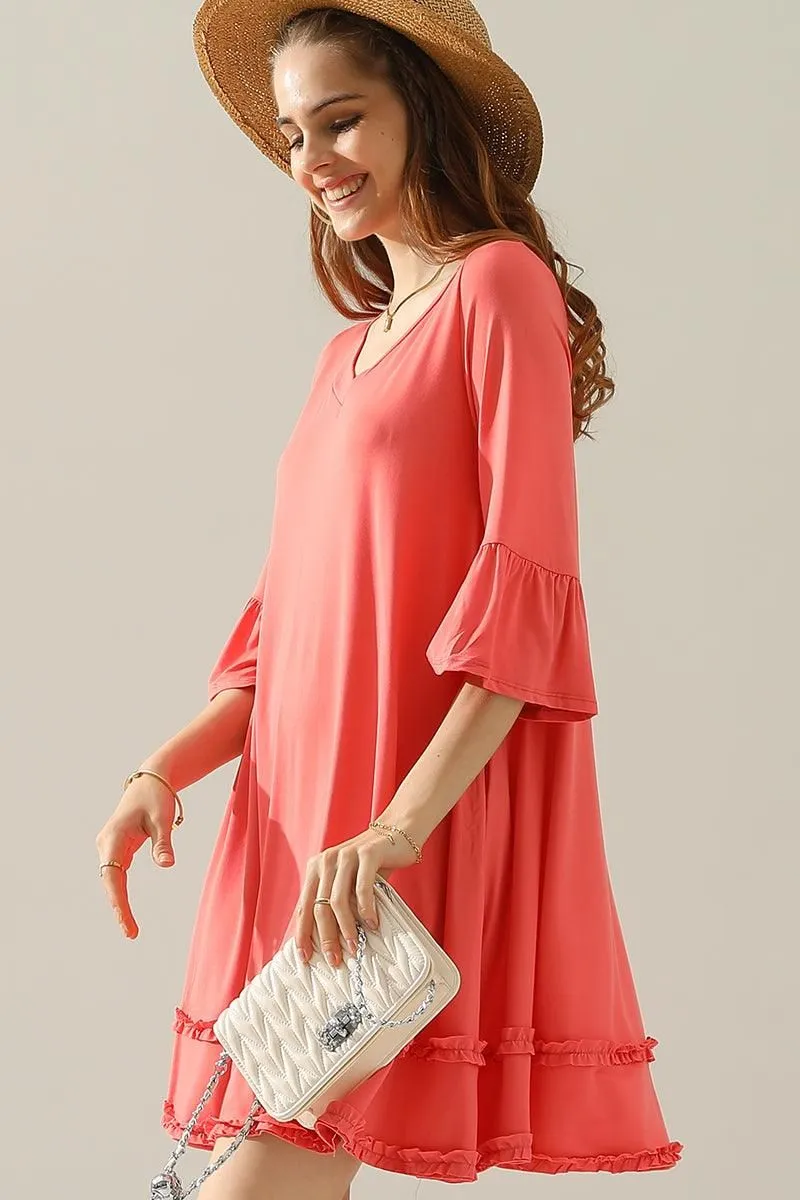 3/4 SLEEVE TIERED DRESS WITH SMALL RUFFLE DETAILS