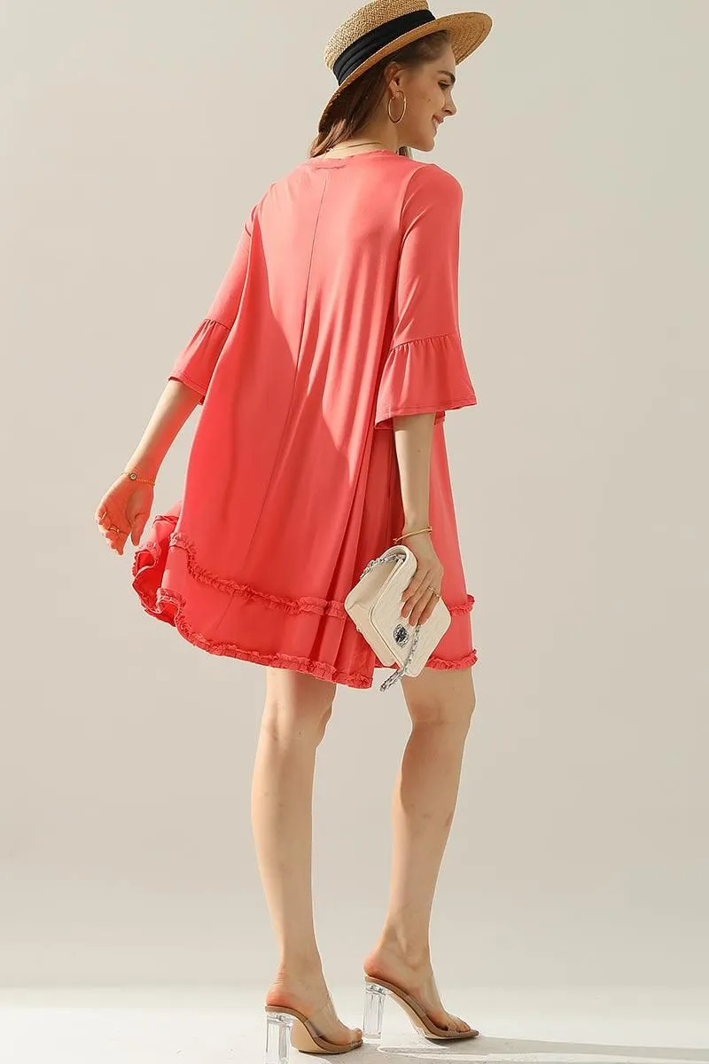 3/4 SLEEVE TIERED DRESS WITH SMALL RUFFLE DETAILS