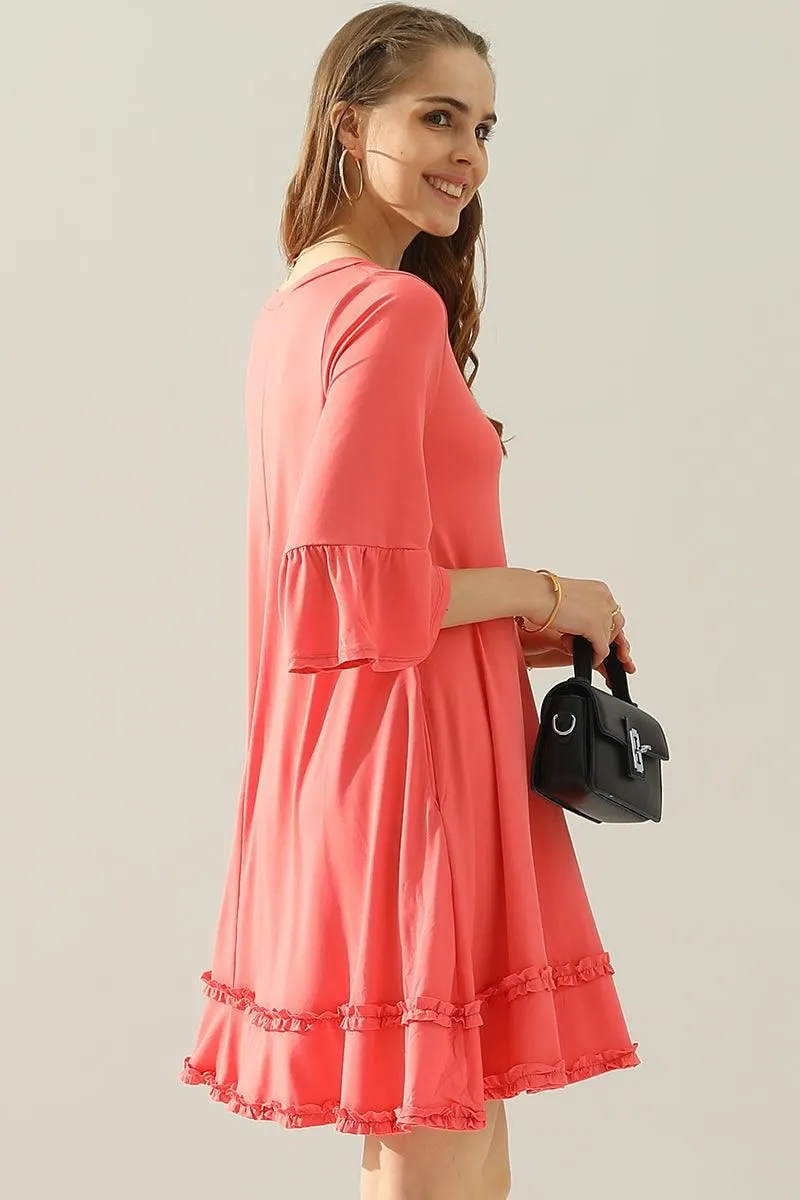 3/4 SLEEVE TIERED DRESS WITH SMALL RUFFLE DETAILS