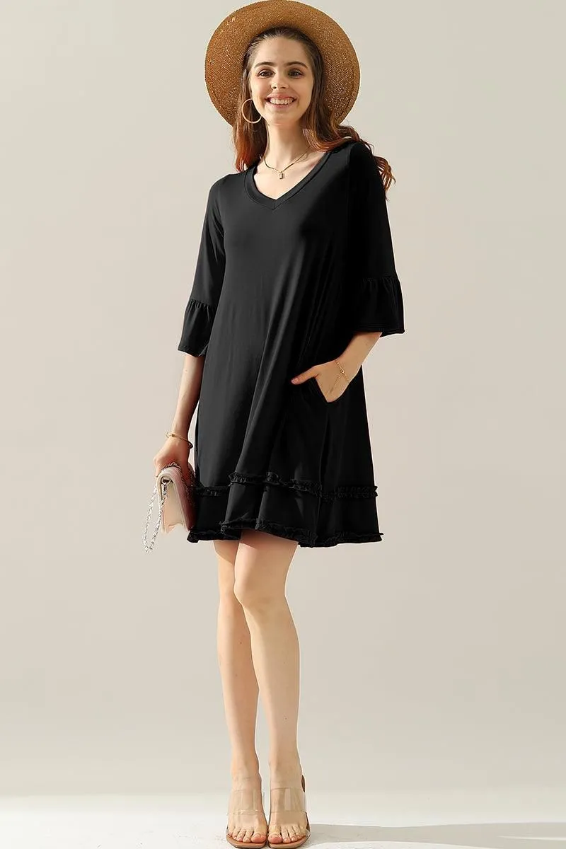 3/4 SLEEVE TIERED DRESS WITH SMALL RUFFLE DETAILS