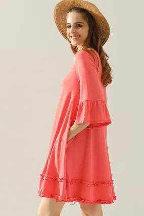 3/4 SLEEVE TIERED DRESS WITH SMALL RUFFLE DETAILS