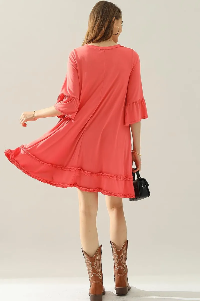 3/4 SLEEVE TIERED DRESS WITH SMALL RUFFLE DETAILS