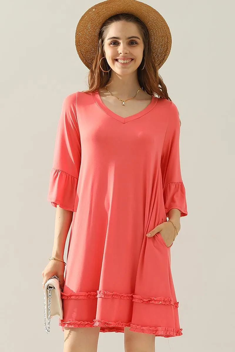 3/4 SLEEVE TIERED DRESS WITH SMALL RUFFLE DETAILS