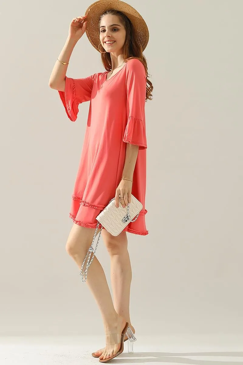 3/4 SLEEVE TIERED DRESS WITH SMALL RUFFLE DETAILS