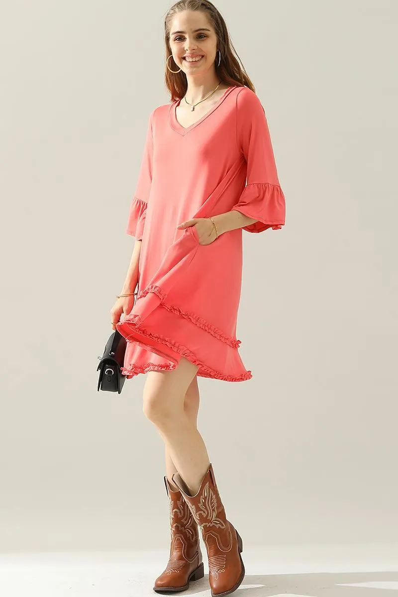 3/4 SLEEVE TIERED DRESS WITH SMALL RUFFLE DETAILS