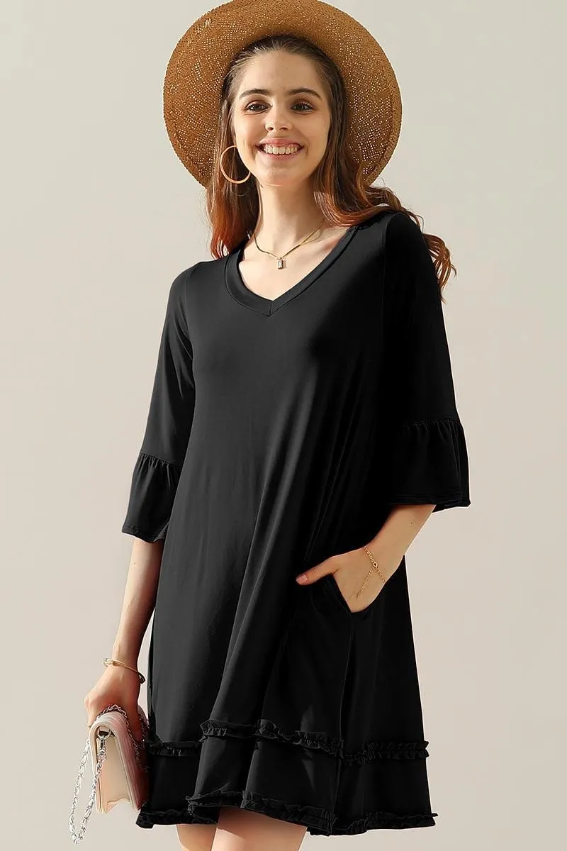 3/4 SLEEVE TIERED DRESS WITH SMALL RUFFLE DETAILS