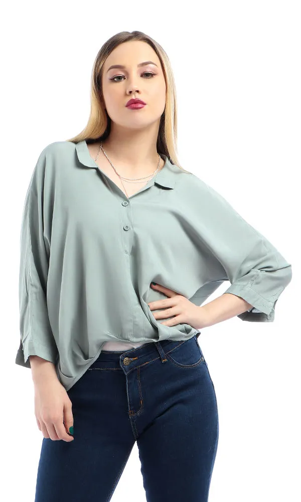 48983 Fluffy 3/4 Sleeves Turn Down Collar Hi-Low Pale Dark Mint Green Top