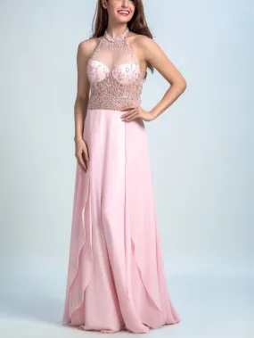 A-line Halter Floor-Length Chiffon Rhinestone Beaded Evening Dresses 2922