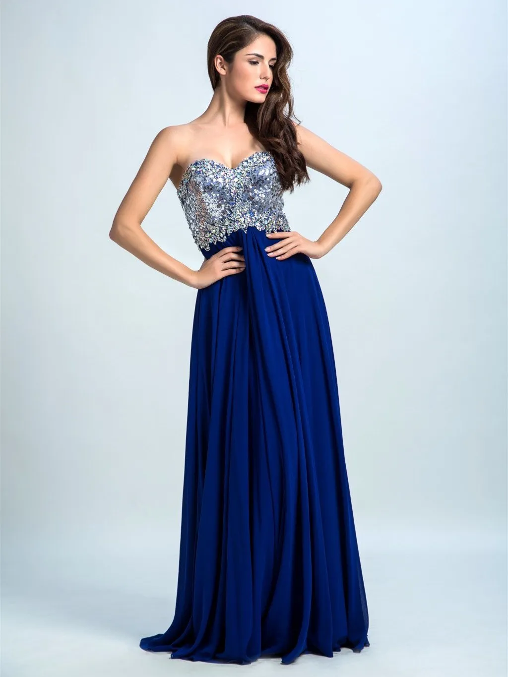 A-line Sweetheart Sweep Train Chiffon Sequined  Royal Blue Evening Dresses 2904