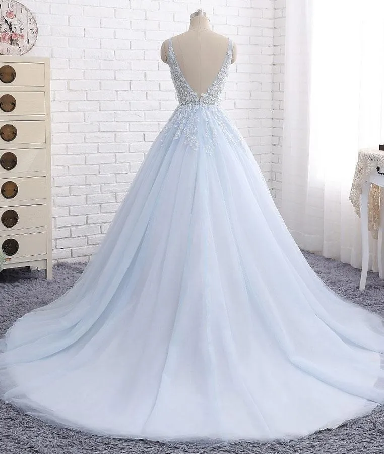 A-line V-neck Chapel Train Tulle Appliqued Long Evening Dresses ASD26935