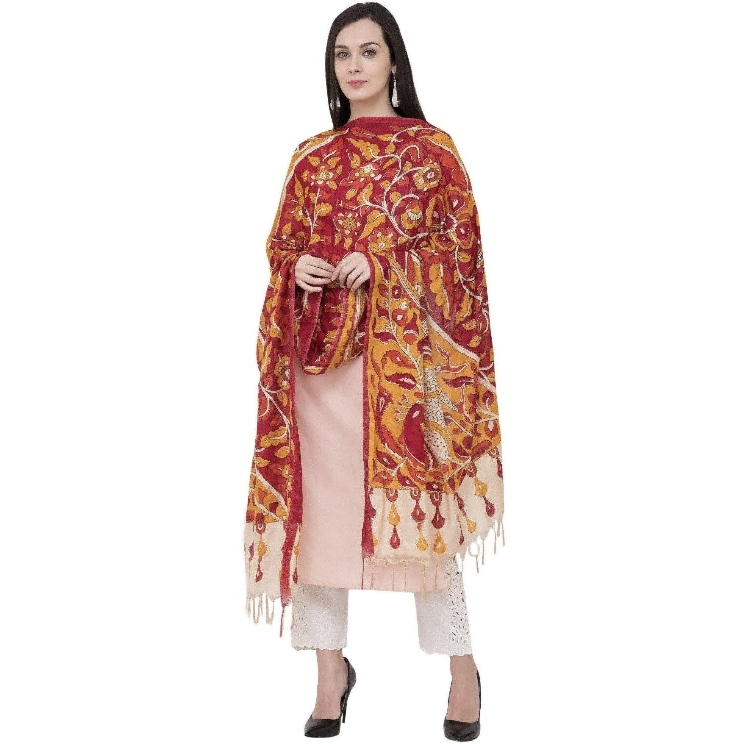 A R Silk Modal Kalamkari Print Orange Colour Fancy Dupatta