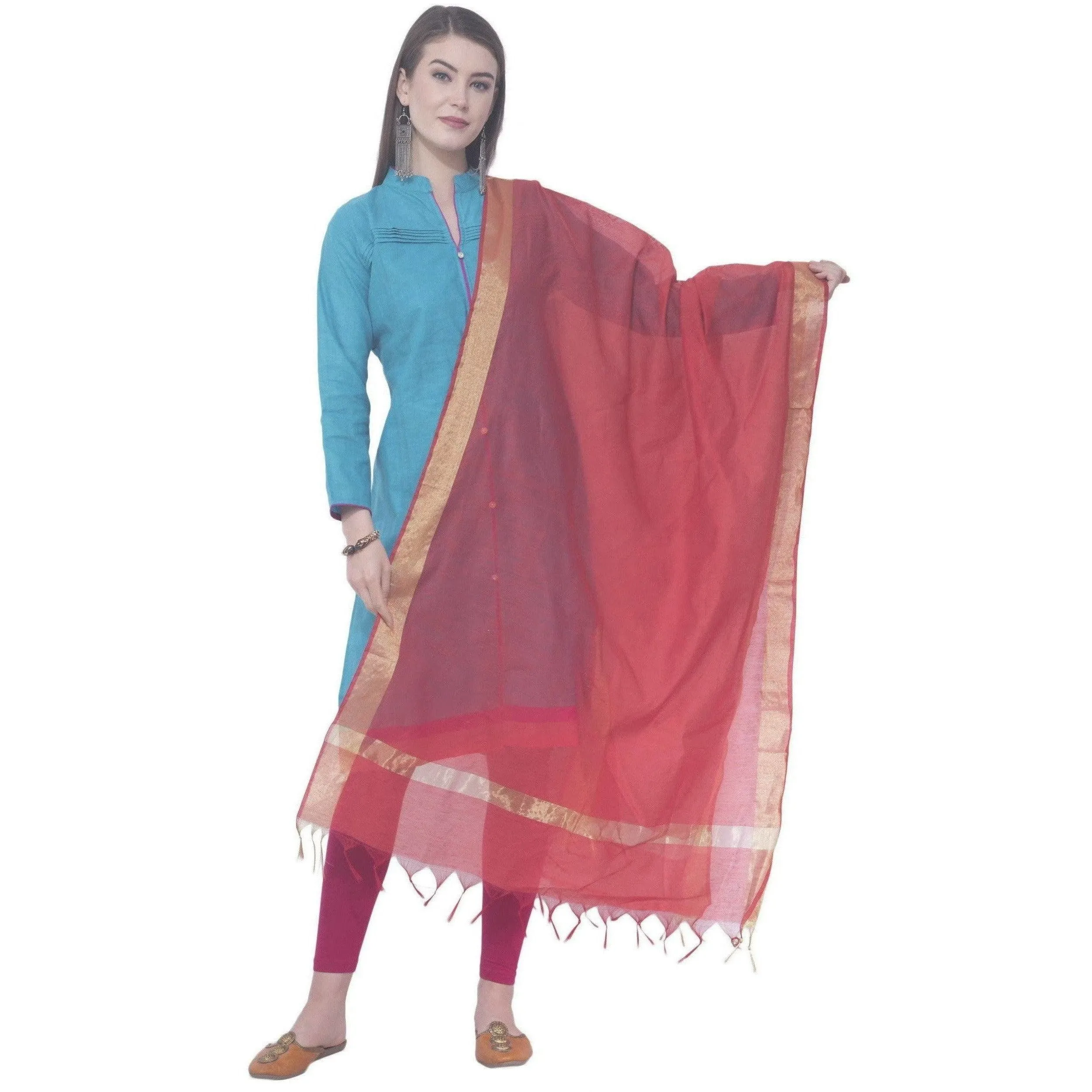 A R Silk Red Color Chaura Patta Chanderi Cotton Dupattas and Chunnis