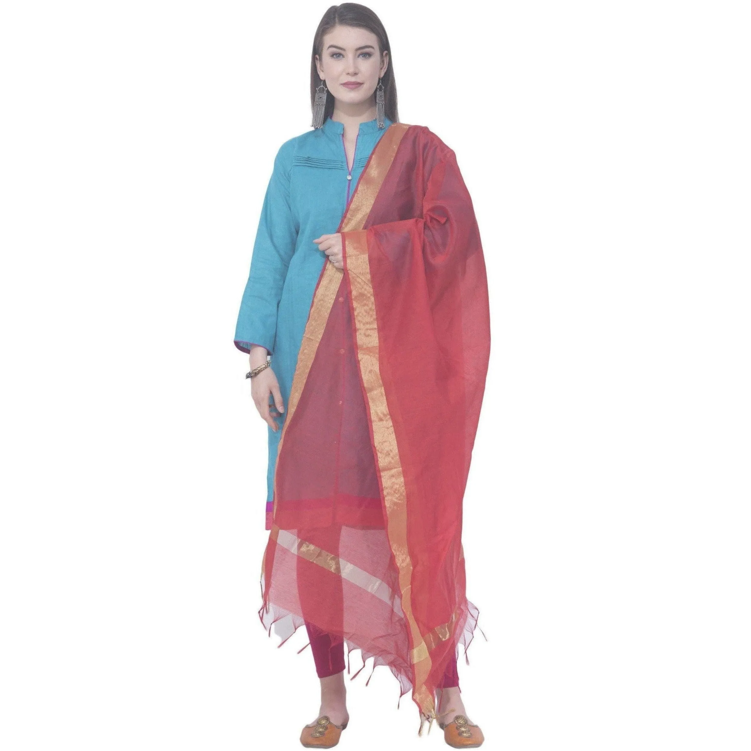 A R Silk Red Color Chaura Patta Chanderi Cotton Dupattas and Chunnis