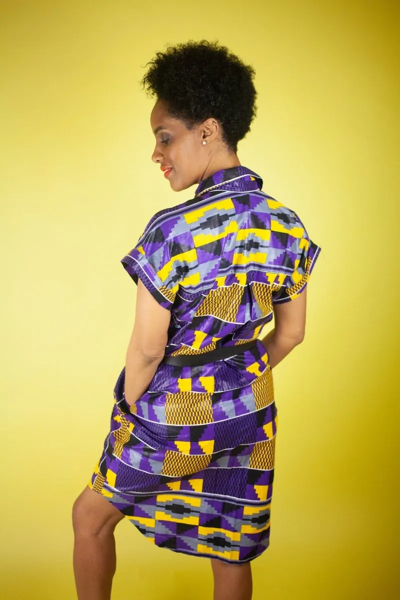 African Print Dress In Purple Kente