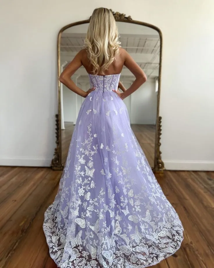 Amazing Long Lilac A-line Sweetheart Strapless Prom Dress With Lace,DP374