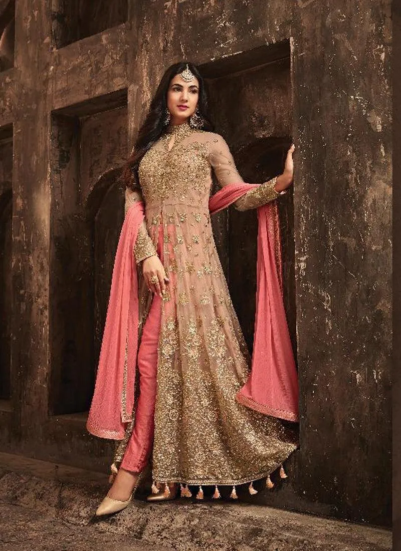 Amazing Peach Slit Cut Anarkali Suit With Heavy Embroidery