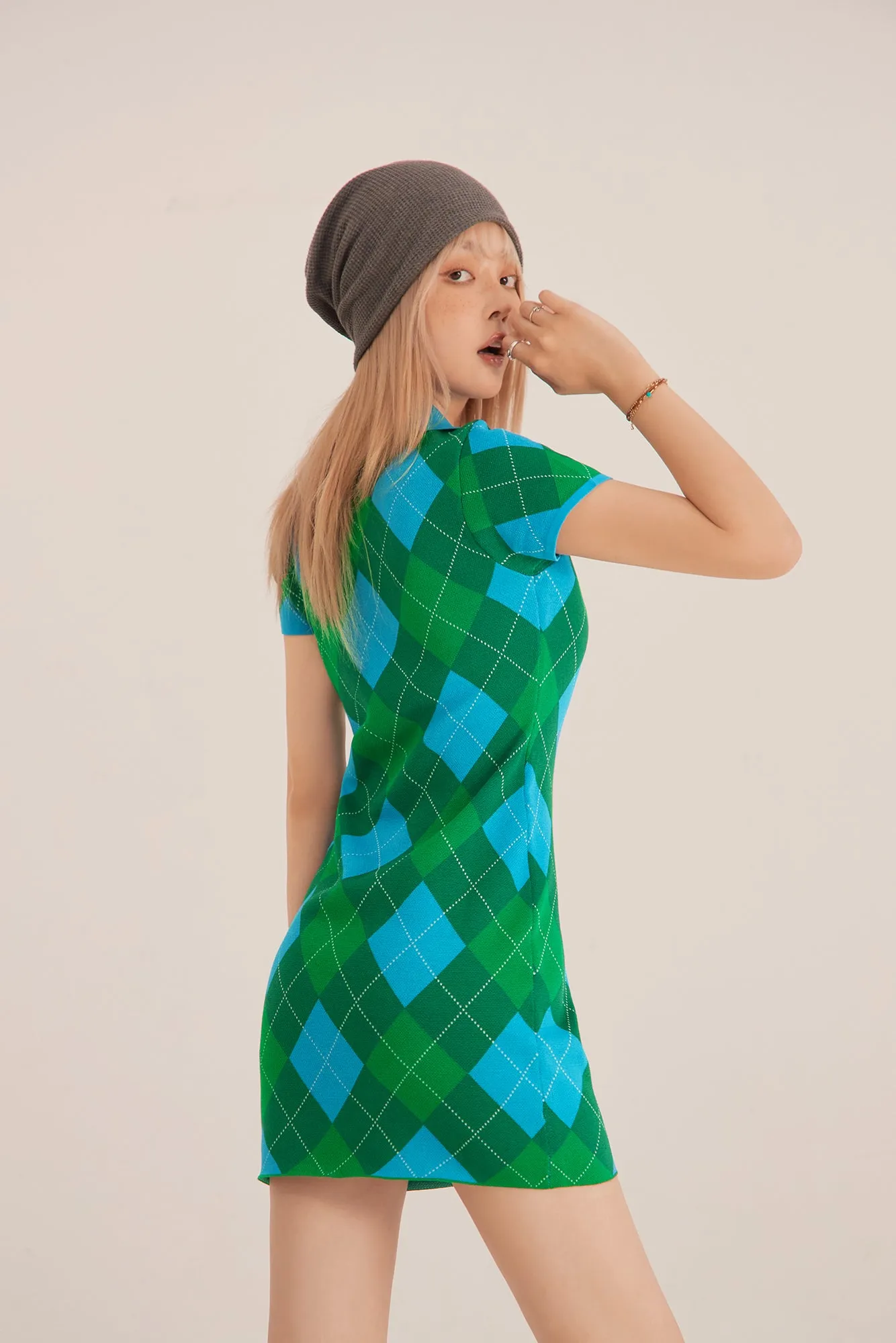 Argyle Knitwear Short-Sleeved Mini Dress