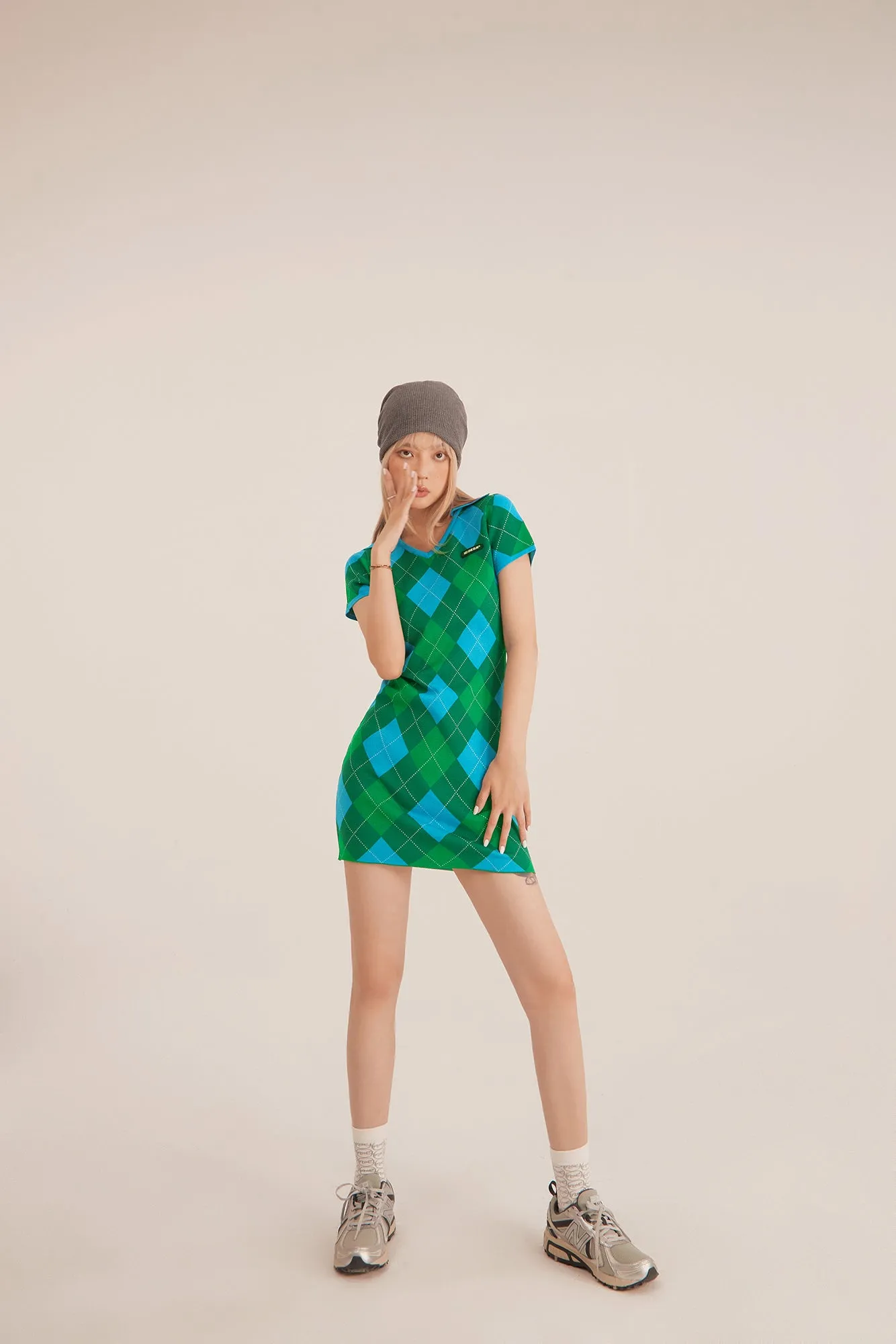 Argyle Knitwear Short-Sleeved Mini Dress