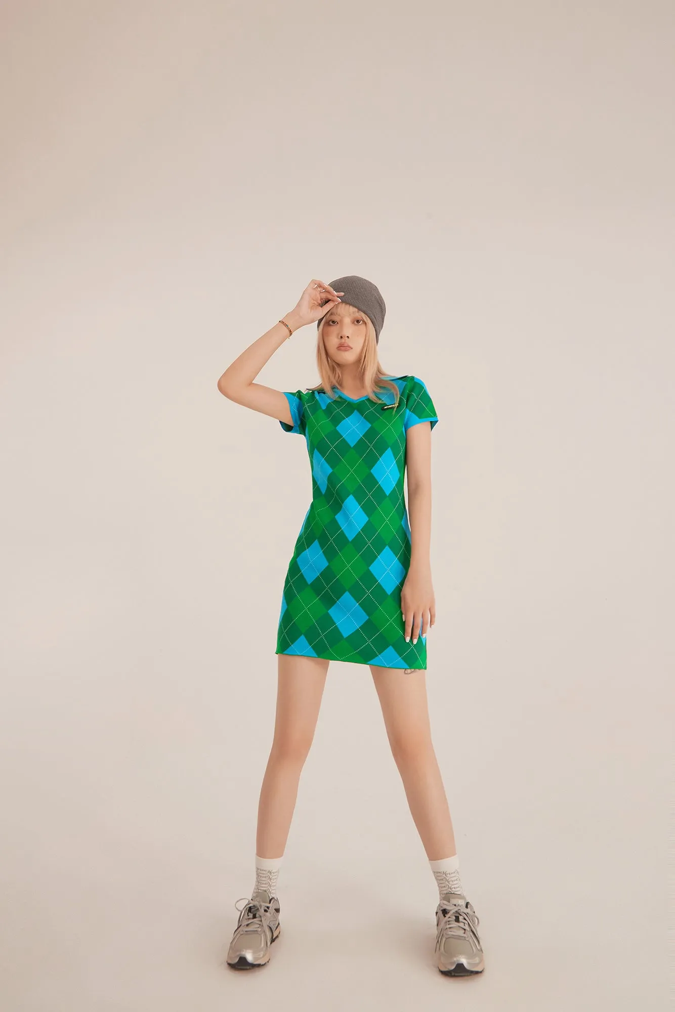 Argyle Knitwear Short-Sleeved Mini Dress