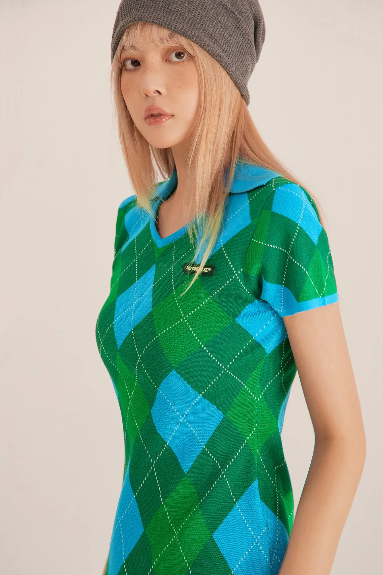 Argyle Knitwear Short-Sleeved Mini Dress