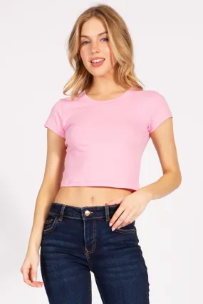 Basic Short Sleeve Round Neck Crop Tee Top 313cr pink