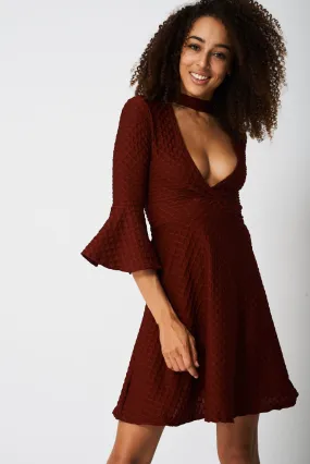 Bell Sleeve Skater Dress In Burgundy