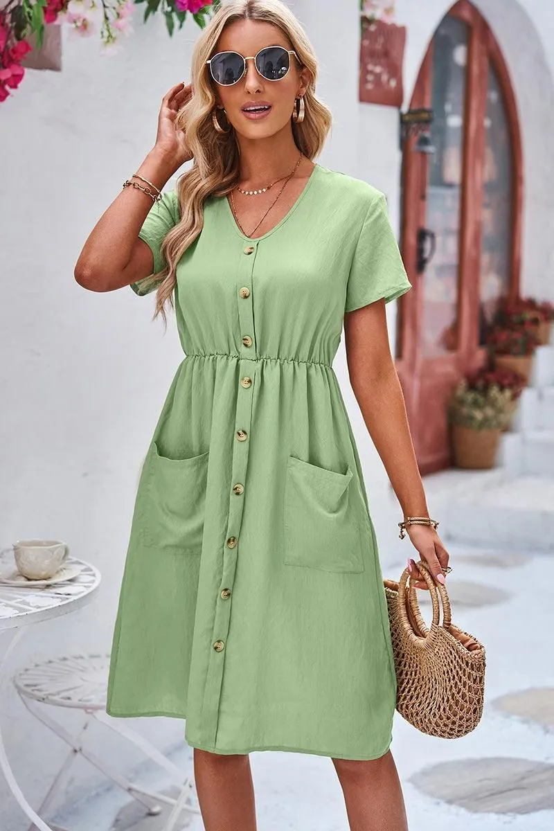 BIG POCKET BUTTON TIGHTEN WAIST SHORT DRESS