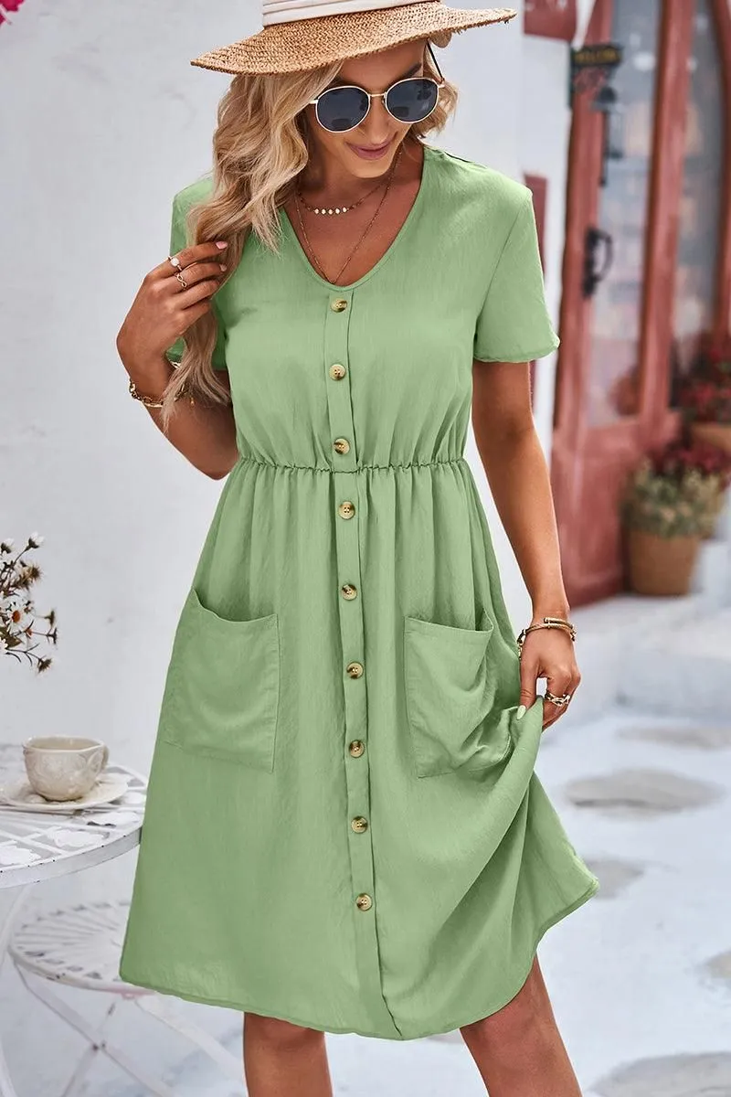 BIG POCKET BUTTON TIGHTEN WAIST SHORT DRESS