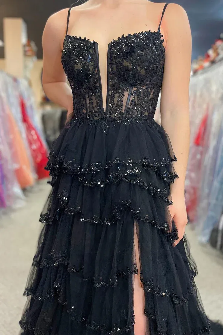 Black A-Line V Neck Tulle Tiered Long Prom Dress with Beading,DP1384