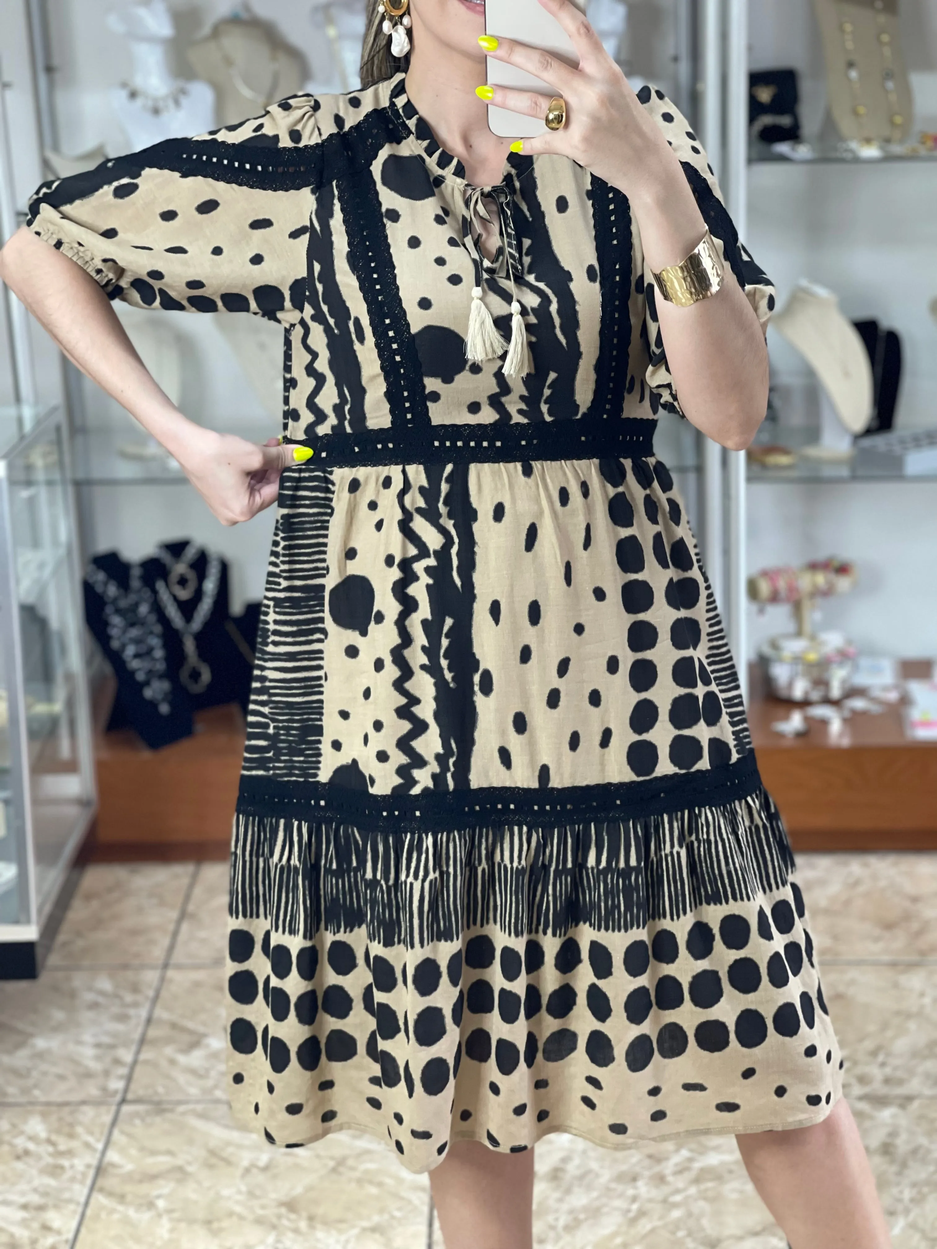 Black and Beige Mix Print Dress