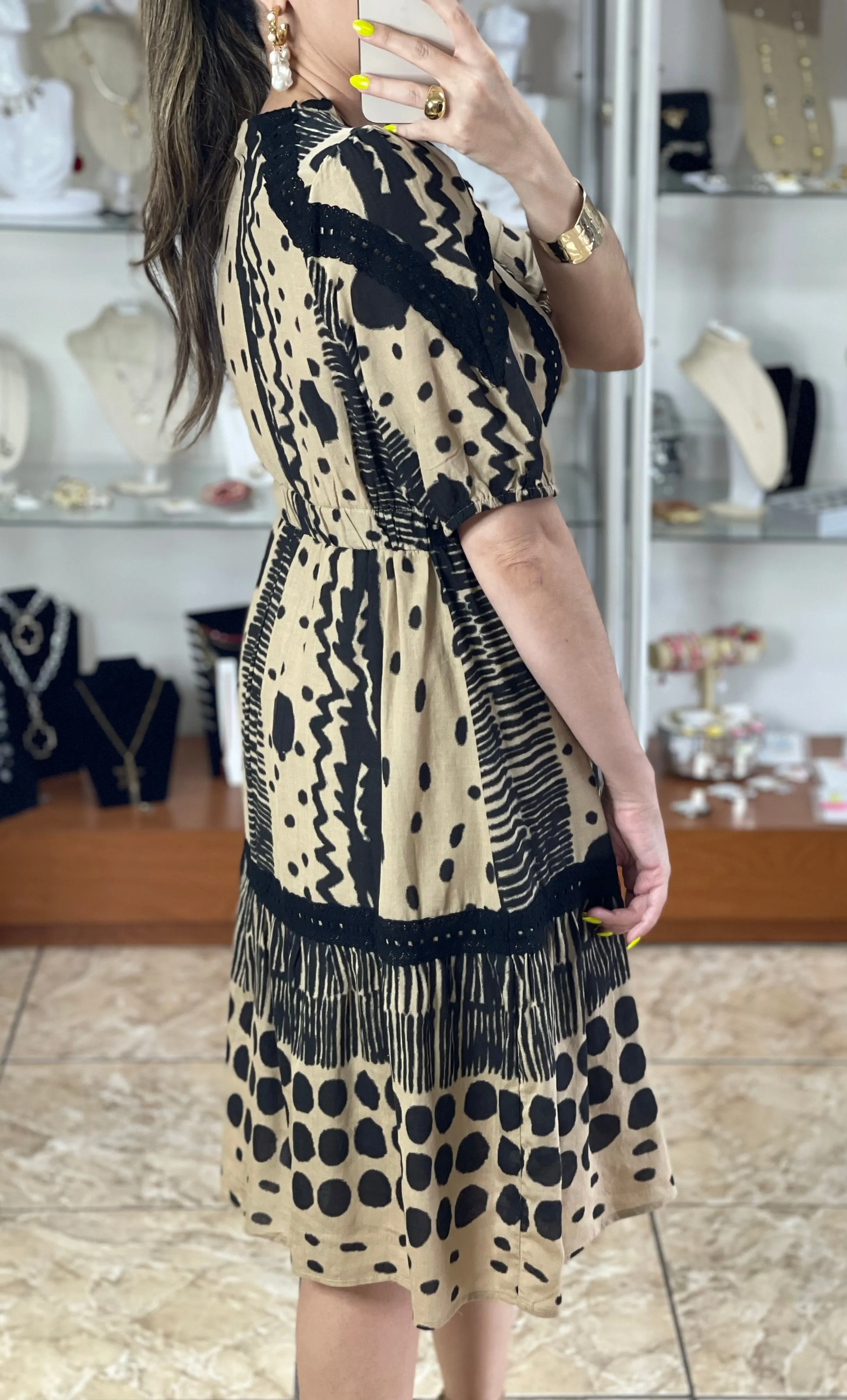 Black and Beige Mix Print Dress