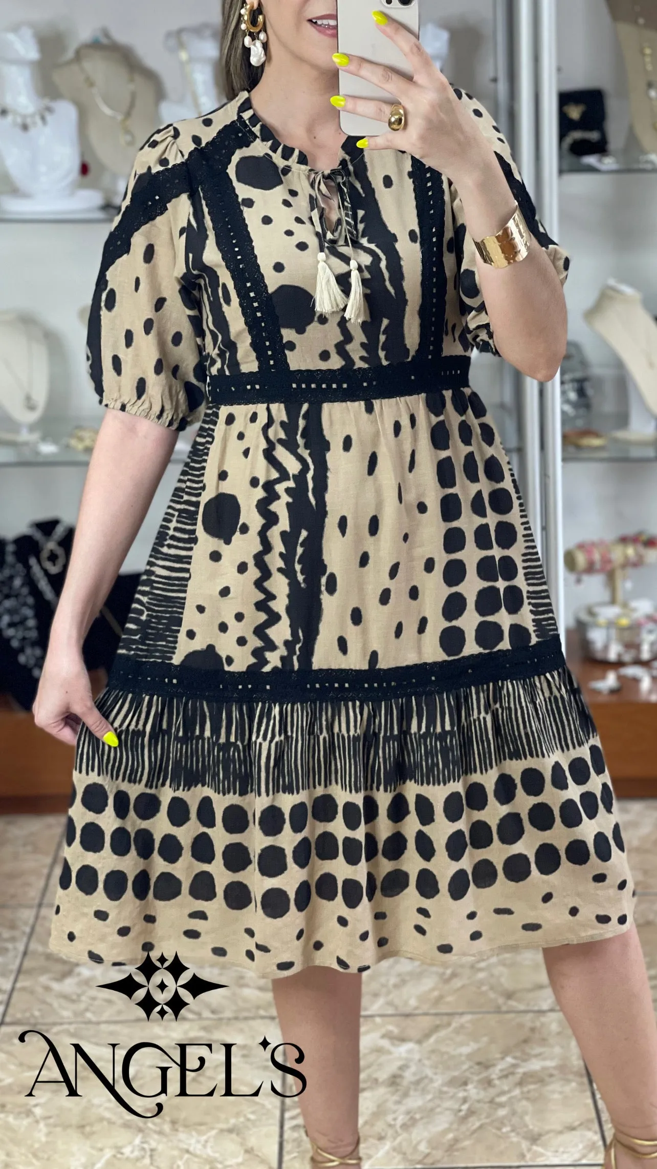 Black and Beige Mix Print Dress