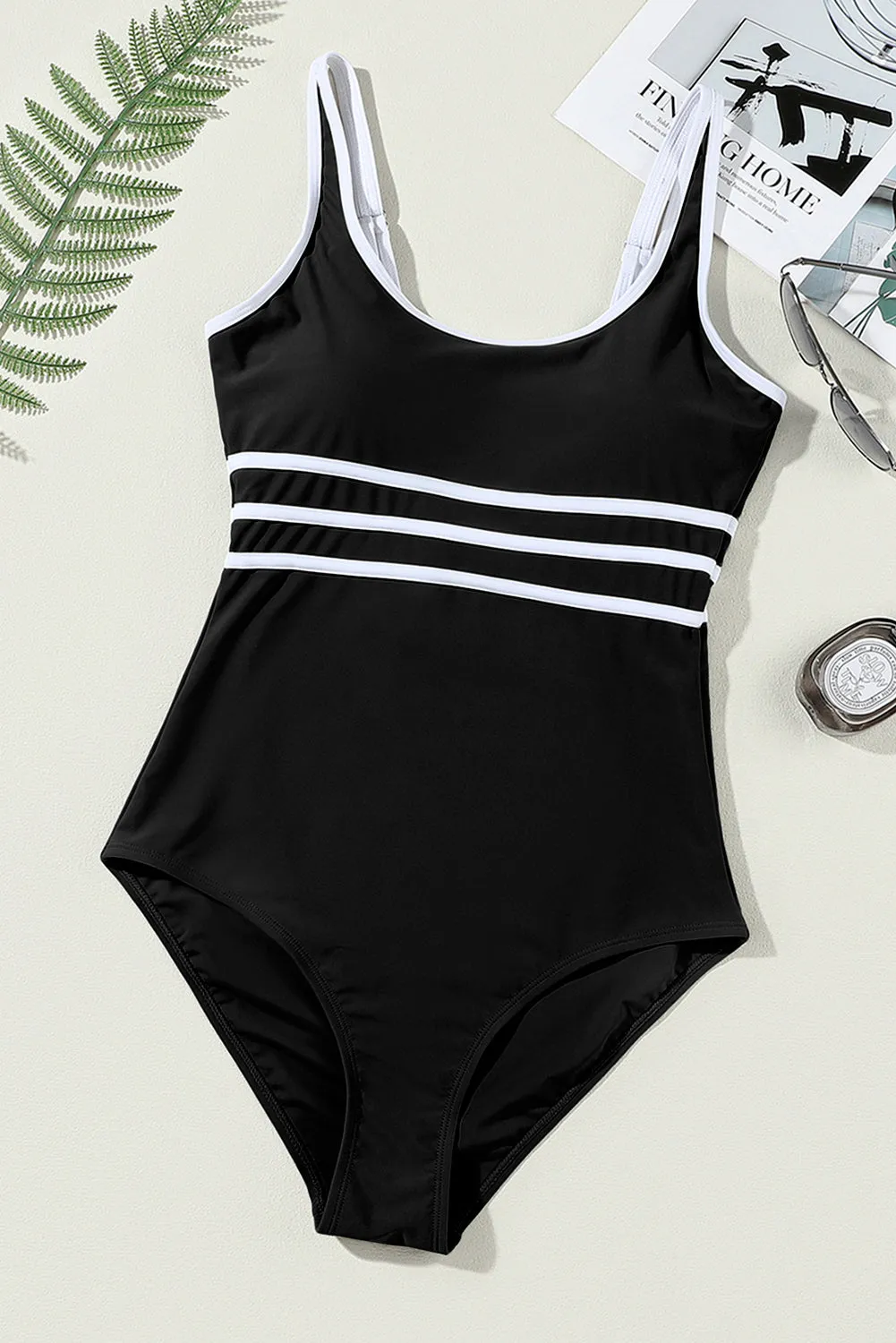 Black Contrast White Trim  One Piece Swimwear