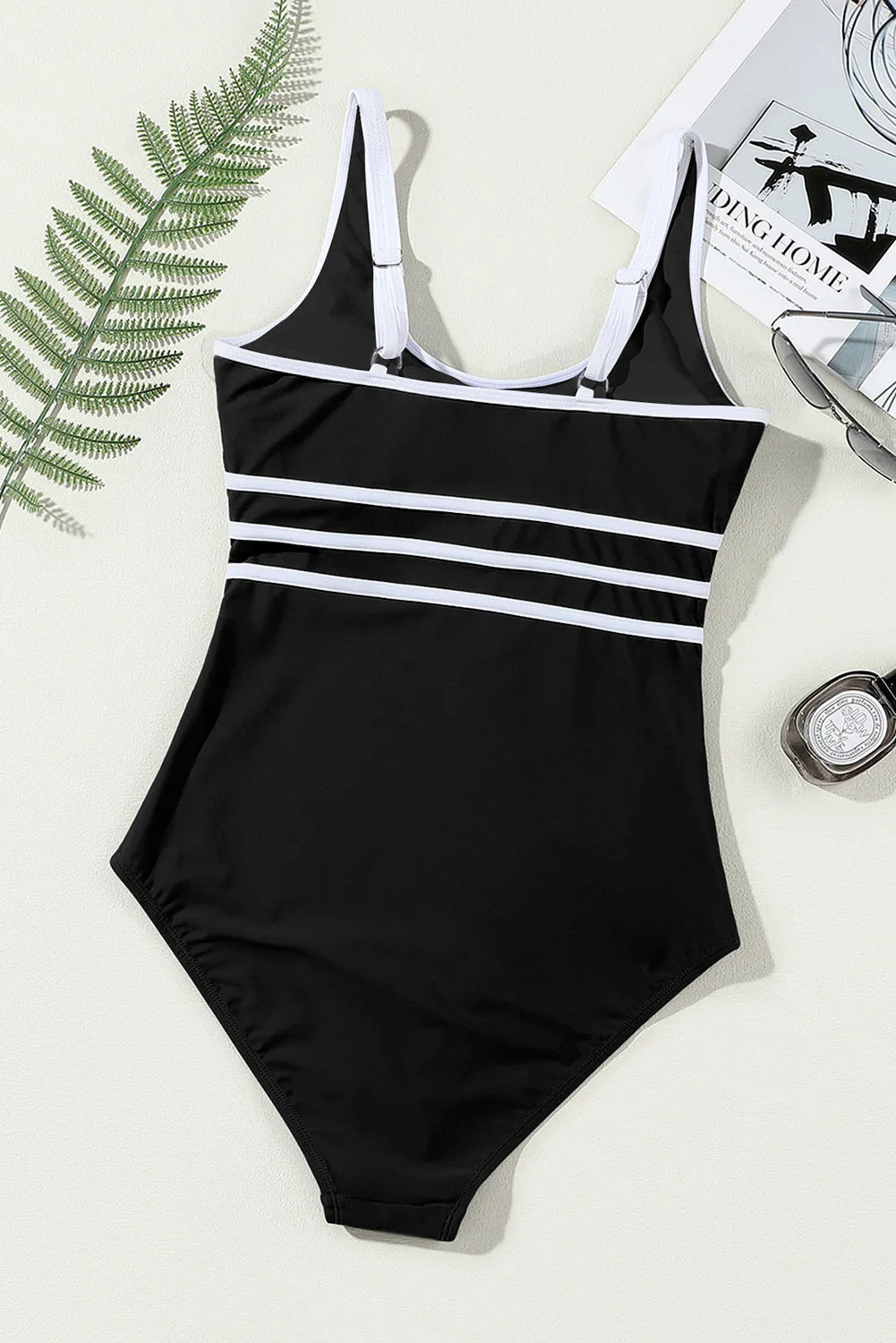 Black Contrast White Trim  One Piece Swimwear