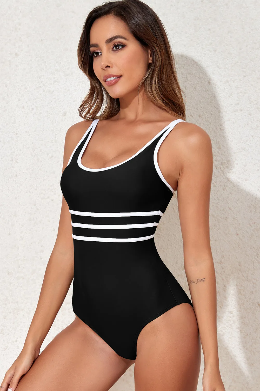 Black Contrast White Trim  One Piece Swimwear