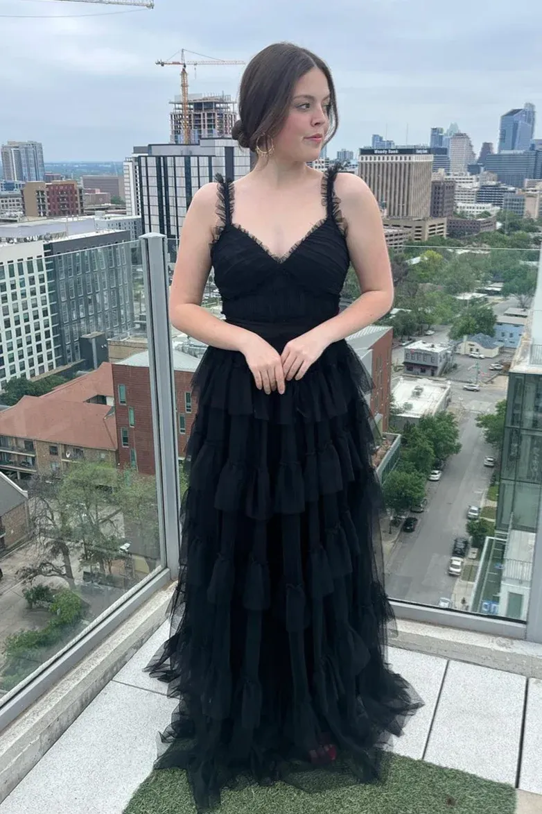 Black Ruffle Straps Tulle Multi-Layers V Neck Long Prom Dress,DP1171