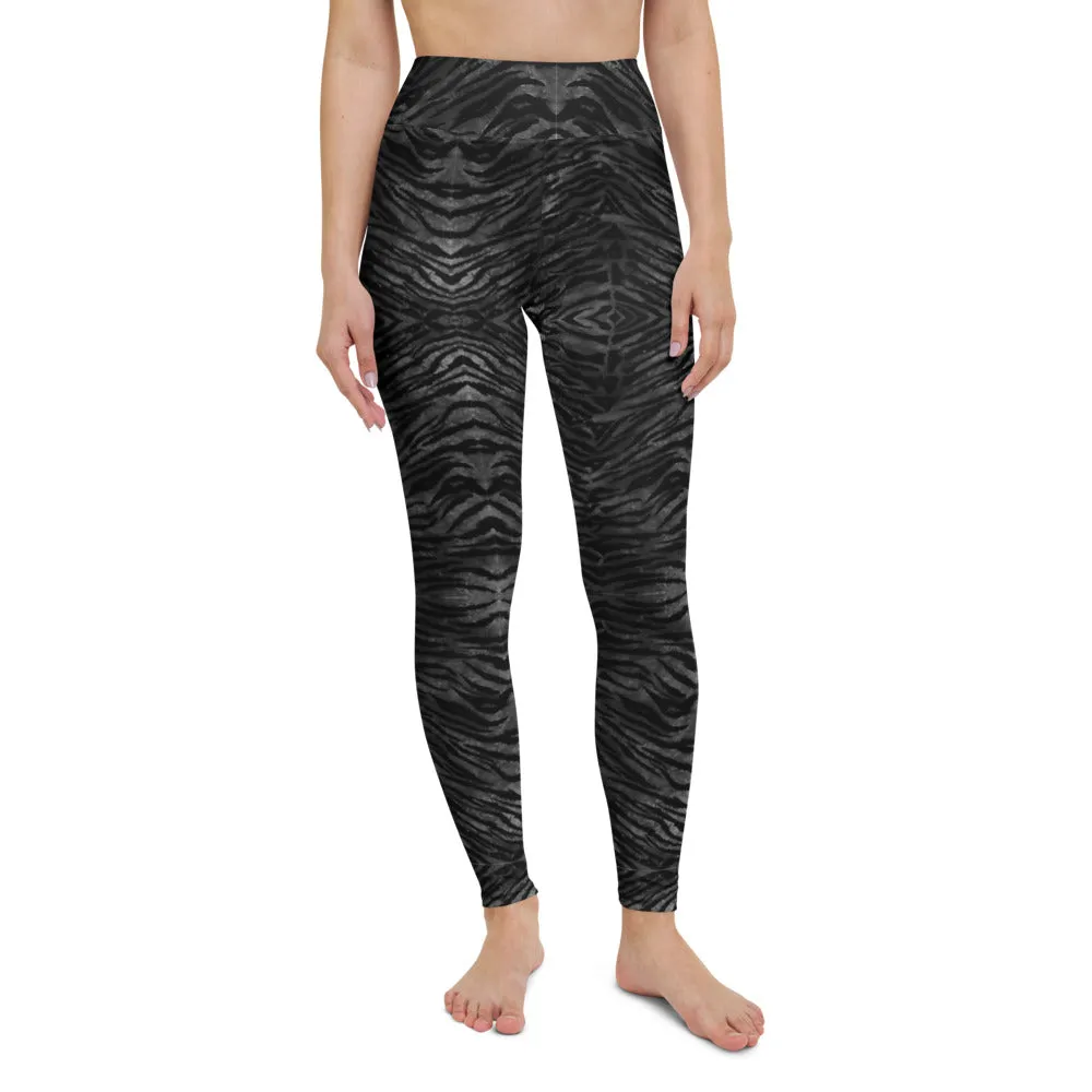 Black Tiger Striped Yoga Leggings, Women's Animal Print Long Yoga Pants-Made in USA/EU