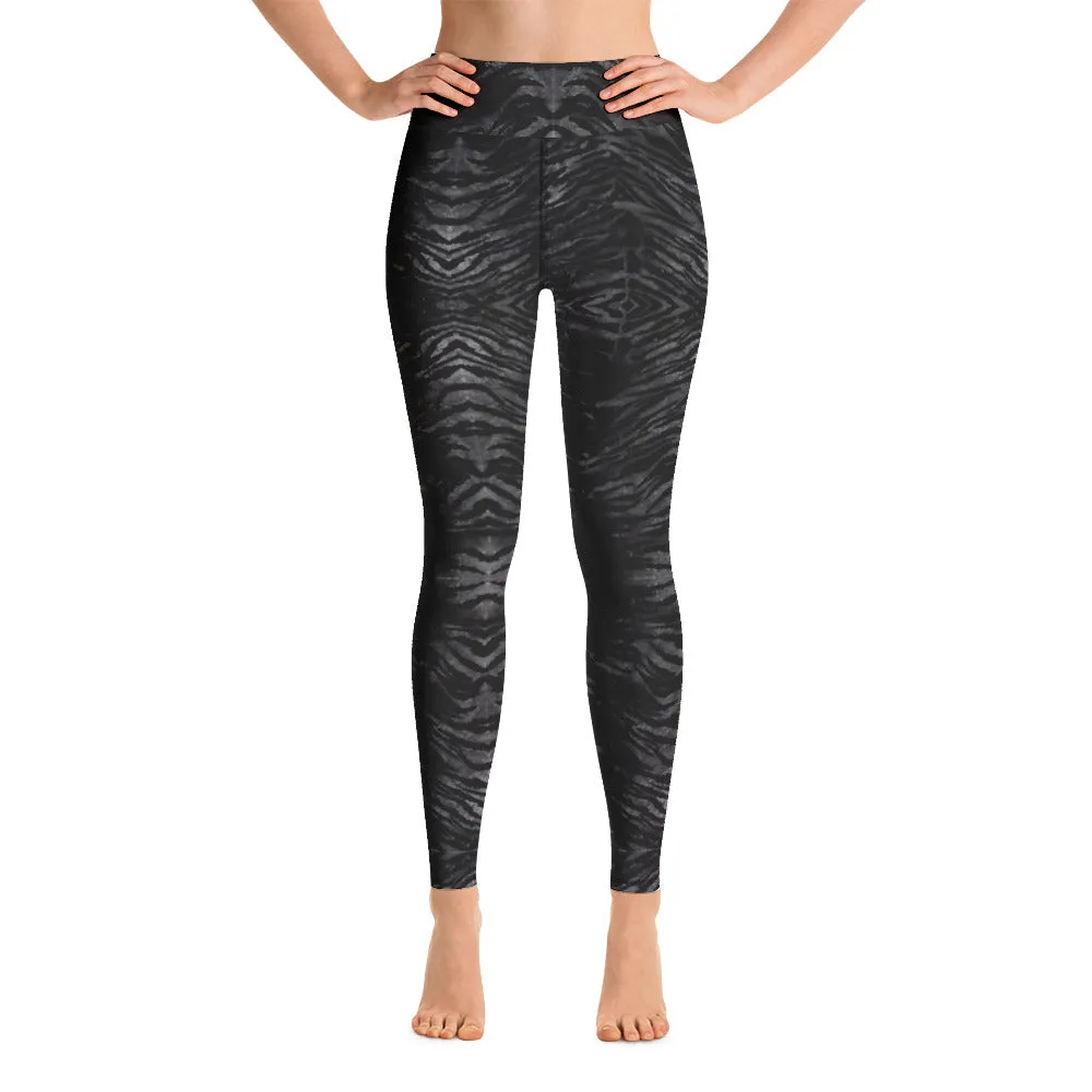 Black Tiger Striped Yoga Leggings, Women's Animal Print Long Yoga Pants-Made in USA/EU