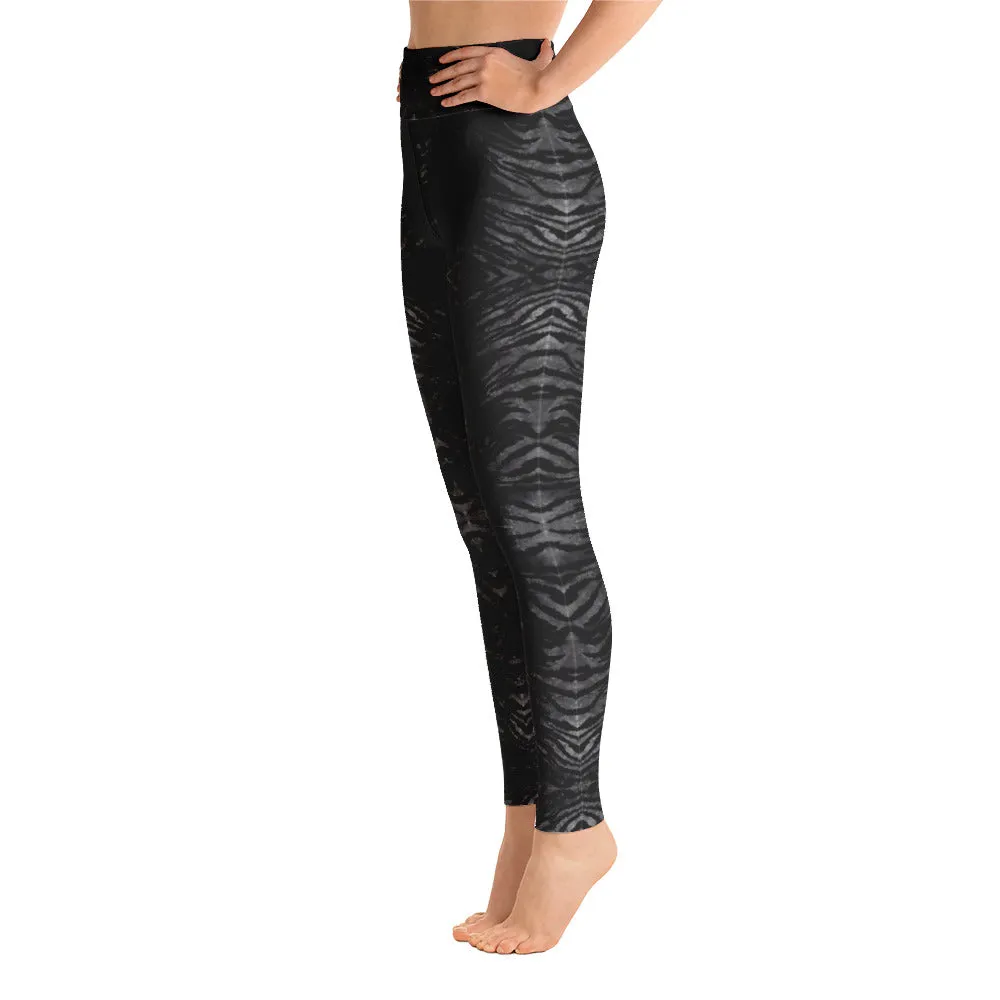 Black Tiger Striped Yoga Leggings, Women's Animal Print Long Yoga Pants-Made in USA/EU