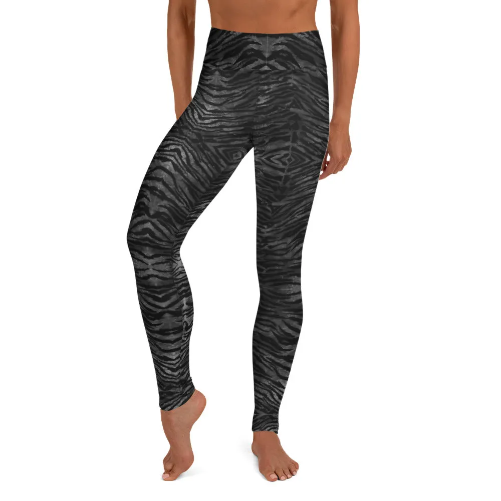 Black Tiger Striped Yoga Leggings, Women's Animal Print Long Yoga Pants-Made in USA/EU