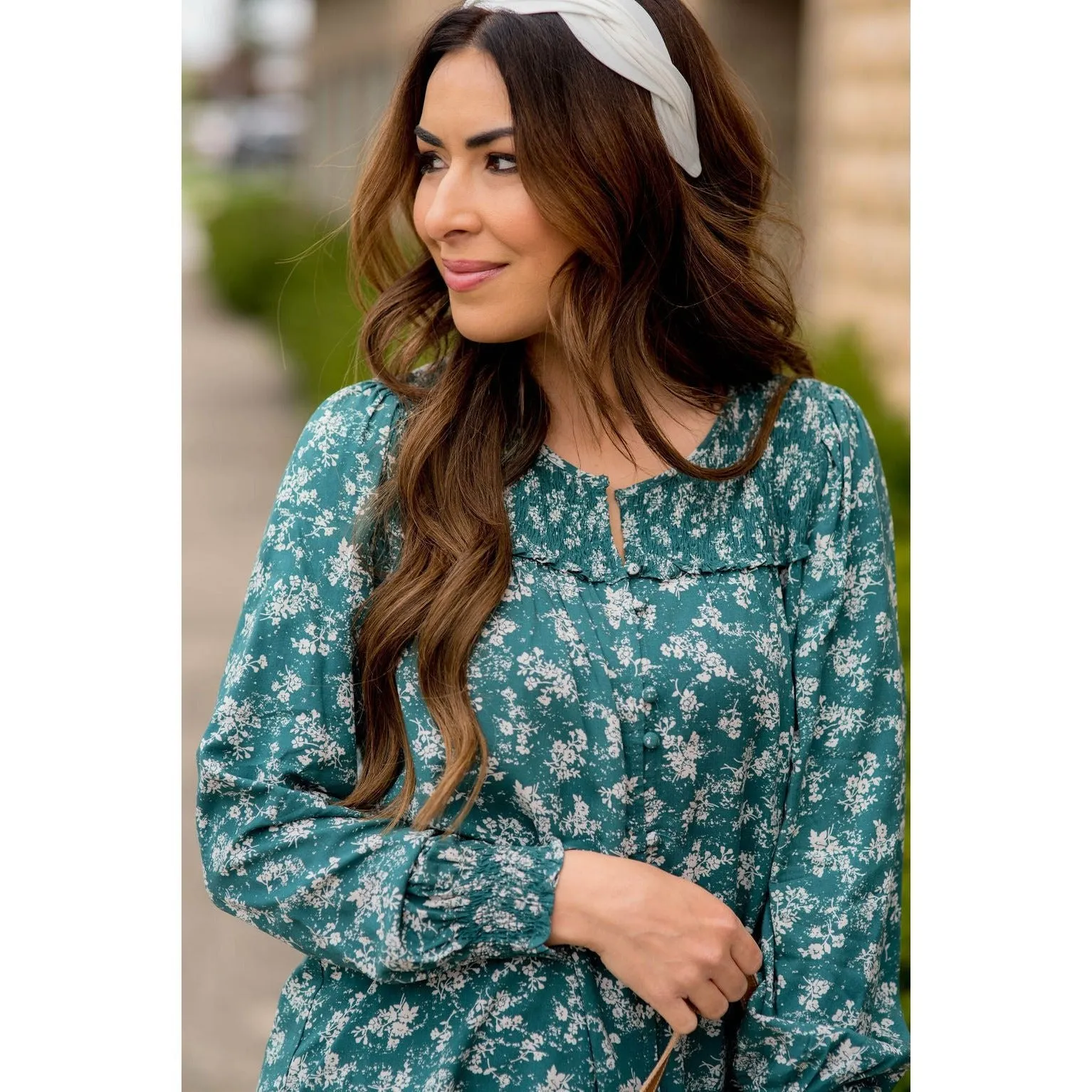 Blossom Cinched Button Accent Blouse