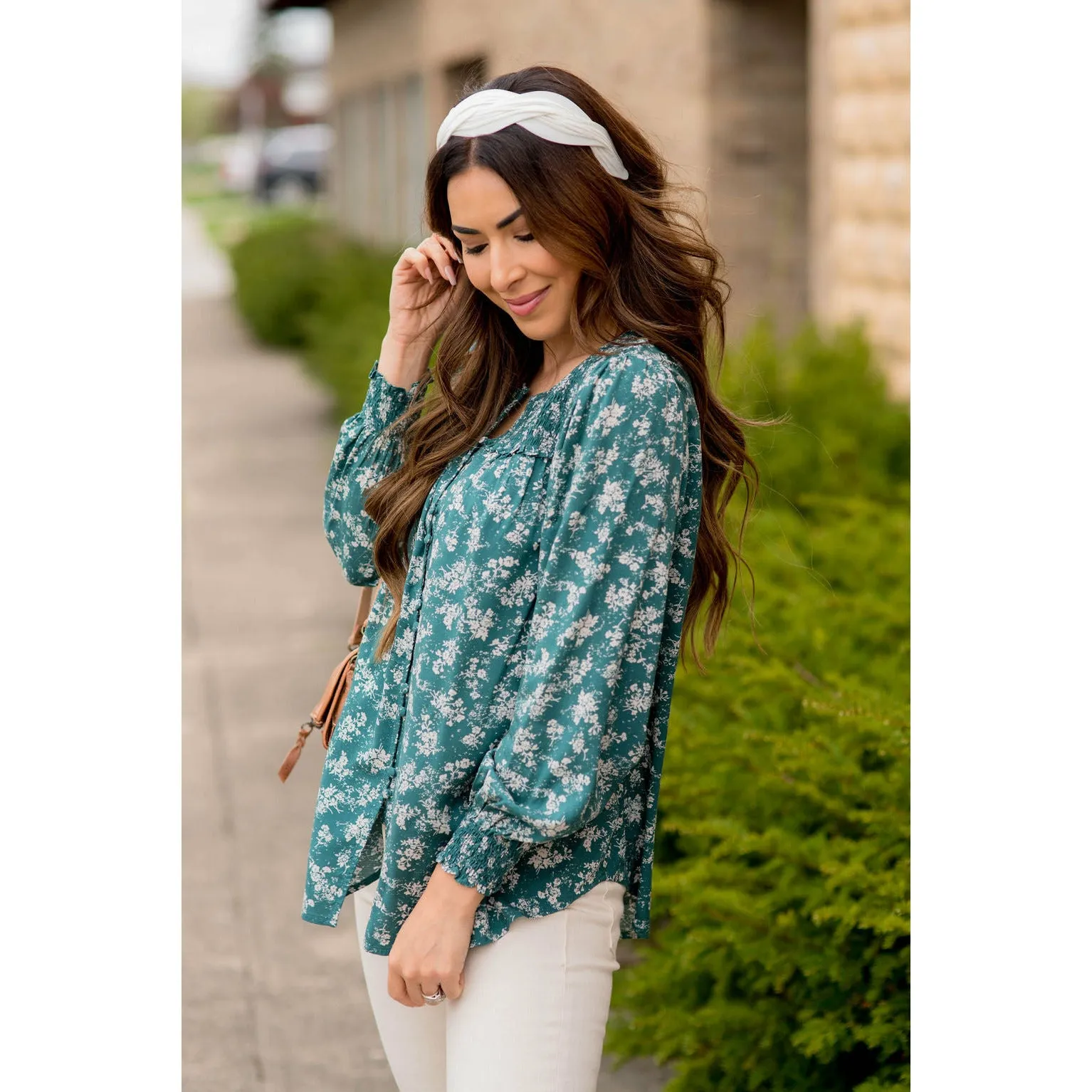 Blossom Cinched Button Accent Blouse