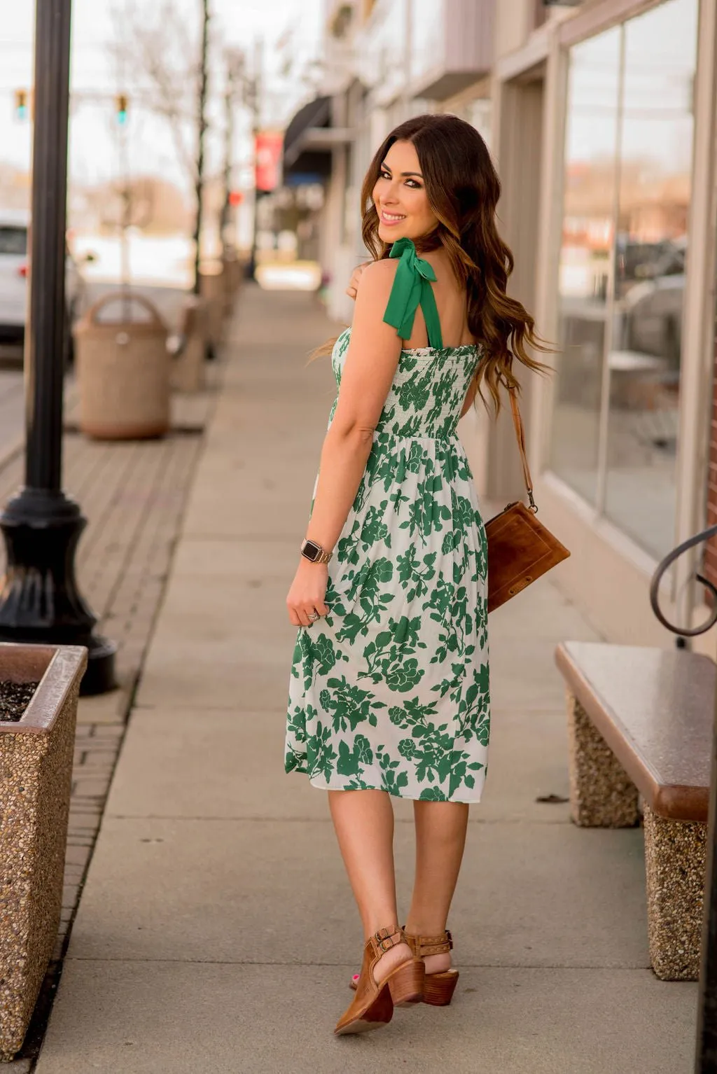 Blossoming Buds Ruched Tie Strap Midi Dress