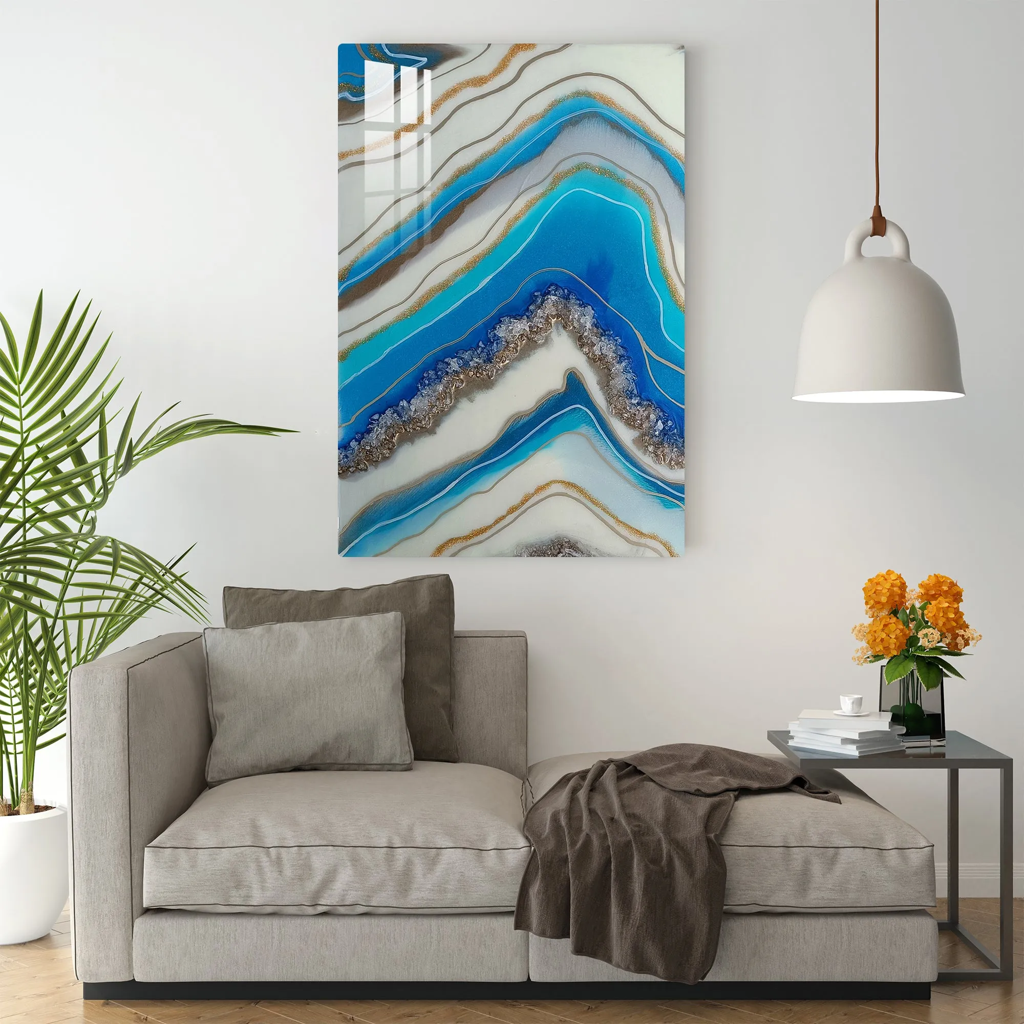 Blue lines with Stone Epoxy Resin Wall Art