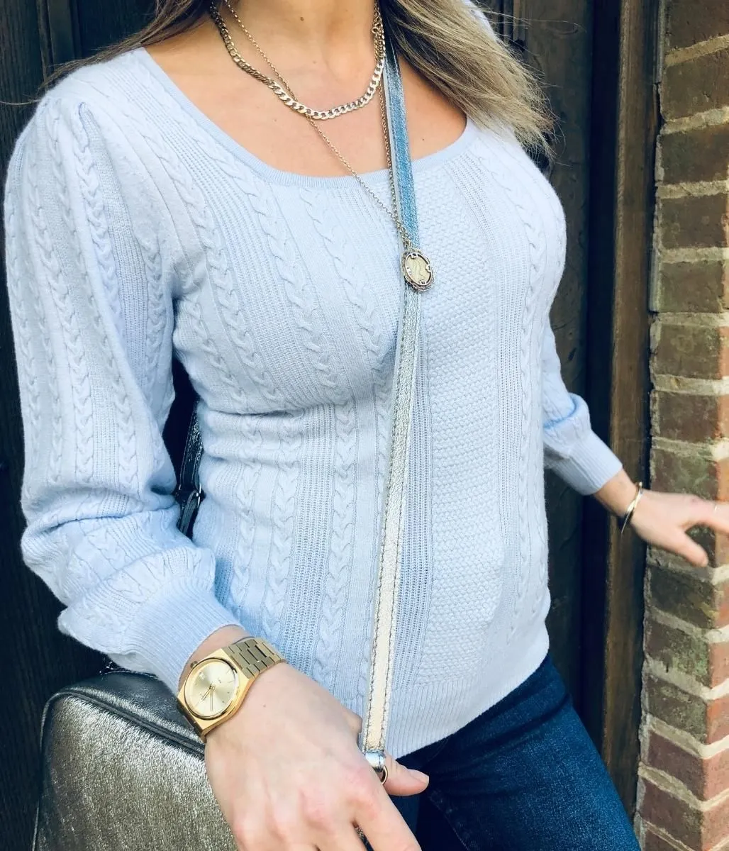 Blue Square Neck Cable Knit Jumper