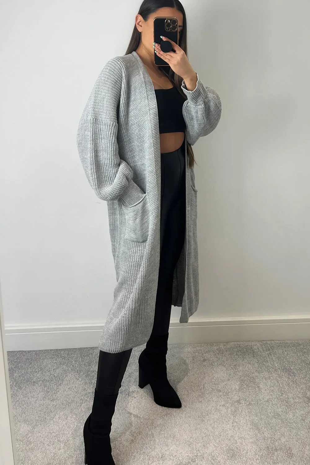 Bonnie Grey Longline Open Front Knitted Cardigan