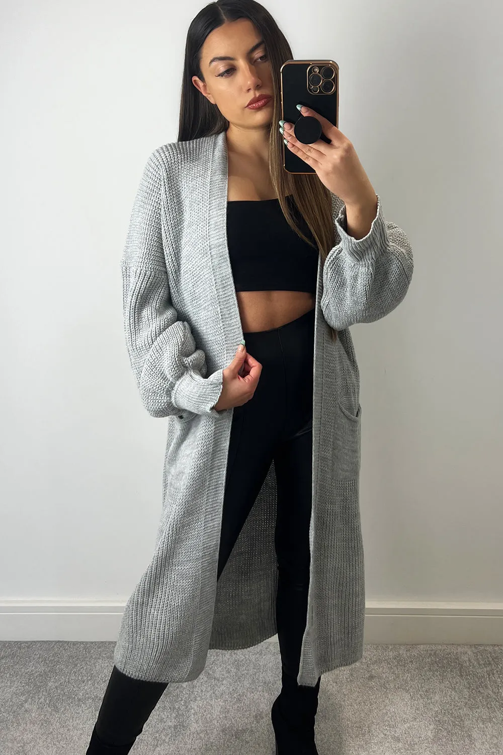 Bonnie Grey Longline Open Front Knitted Cardigan