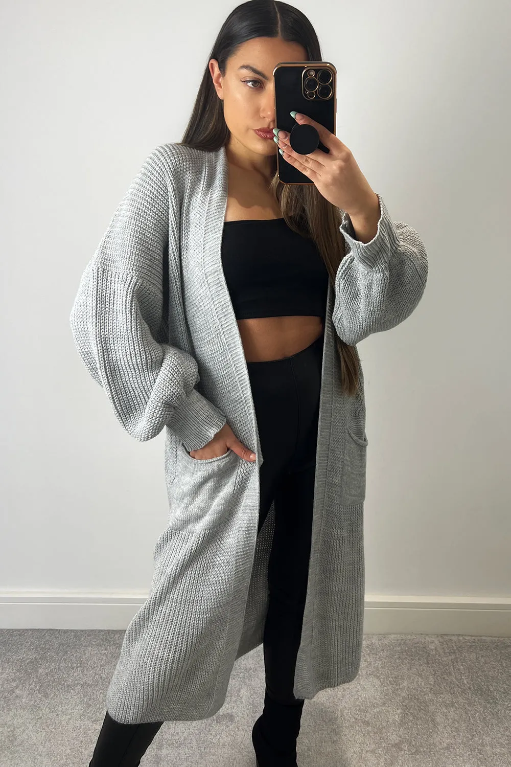 Bonnie Grey Longline Open Front Knitted Cardigan