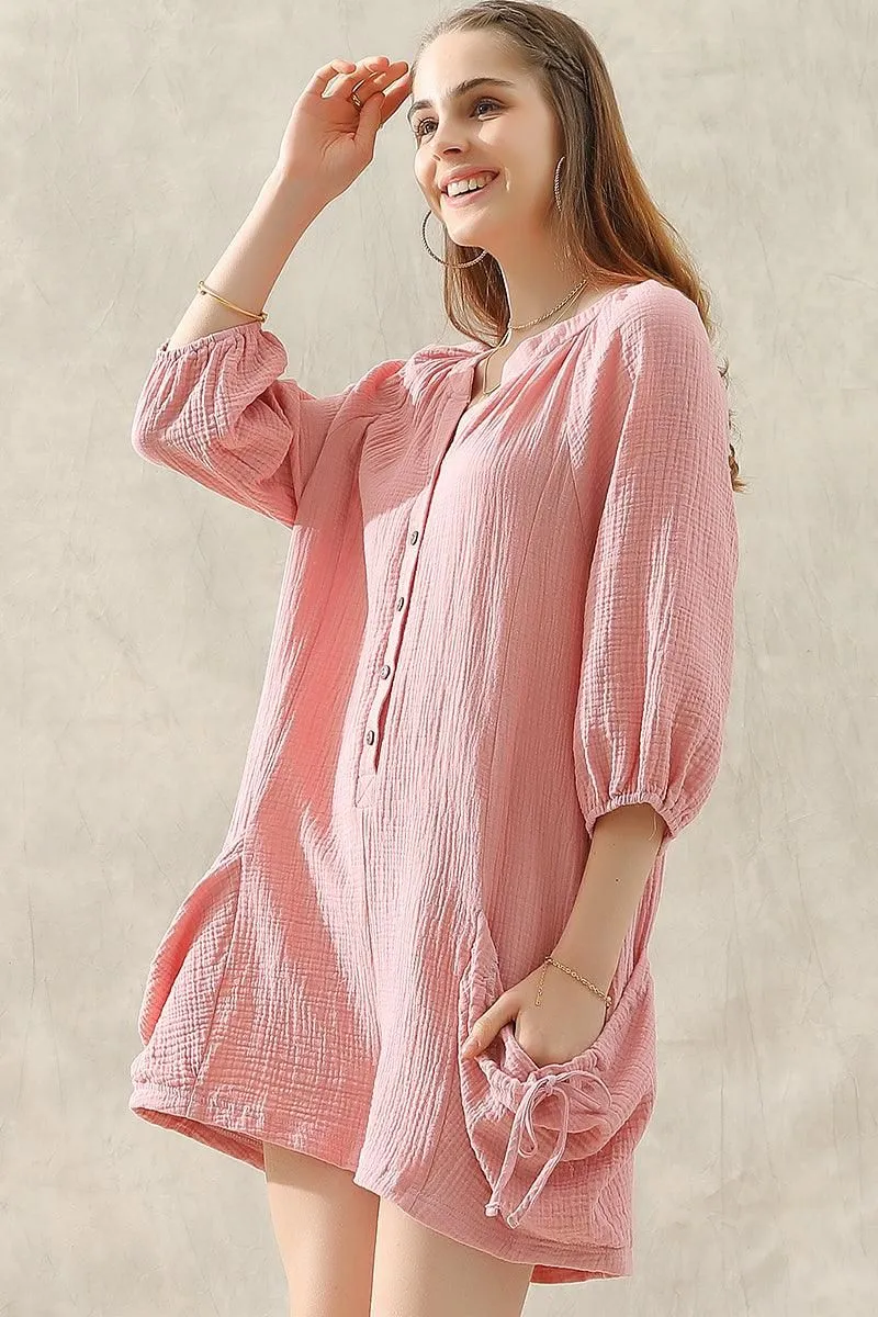 BUTTON UP DRAW STRING POCKET LONGSLEEVE JUMPSUIT